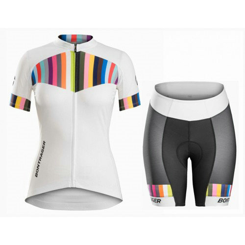 Equipement 2017 Bontrager Anara Femme Blanc et Color Stripes Tenue Maillot Cyclisme Courte + Cuissard Cycliste