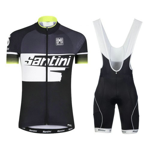 Equipement 2017 Santini Atom 2.0 Noir-Blanc-vert Tenue Maillot Cyclisme Courte + Cuissard à Bretelles