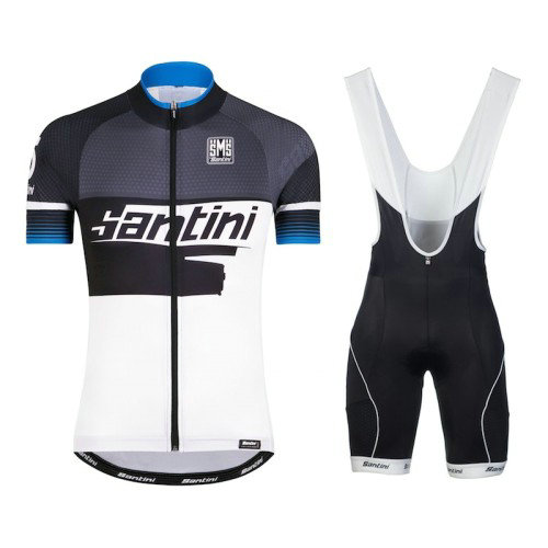 Equipement 2017 Santini Atom 2.0 Noir-Blanc-Bleu Tenue Maillot Cyclisme Courte + Cuissard à Bretelles