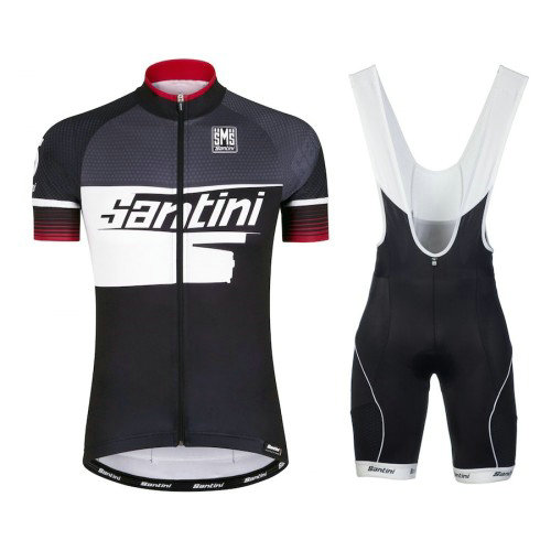 Equipement 2017 Santini Atom 2.0 Noir-Blanc-Rouge Tenue Maillot Cyclisme Courte + Cuissard à Bretelles