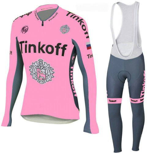 TINKOFF Tenue Maillot Cyclisme Longue + Collant à Bretelles Rose